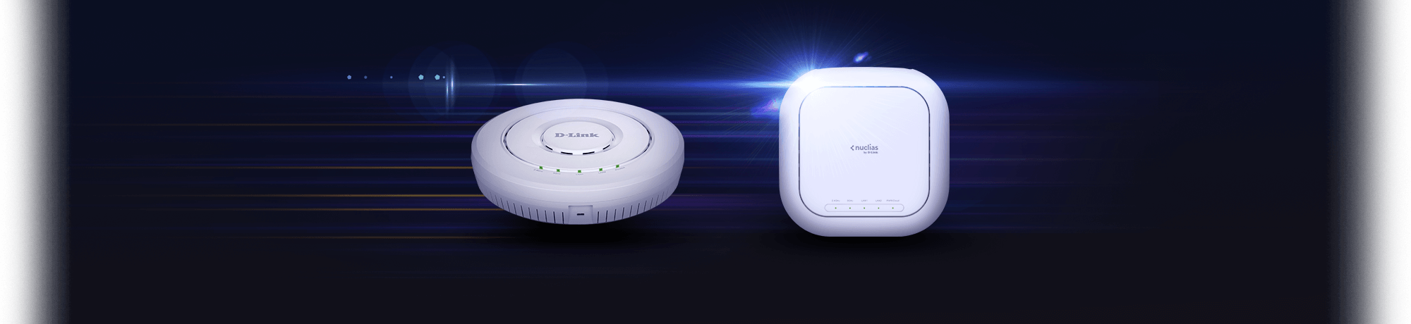 D-Link access points on a black background with white lens flare.