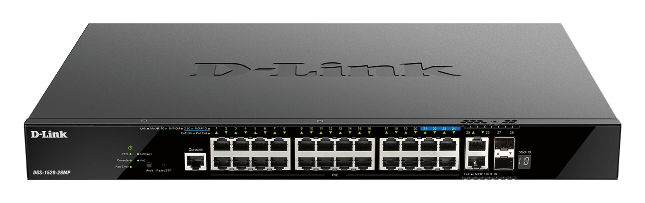 DGS-1520-28MP 20 ports GE PoE + 4 ports 2.5 GE PoE + 2 10GE ports + 2 SFP+ Smart Managed Switch - front view