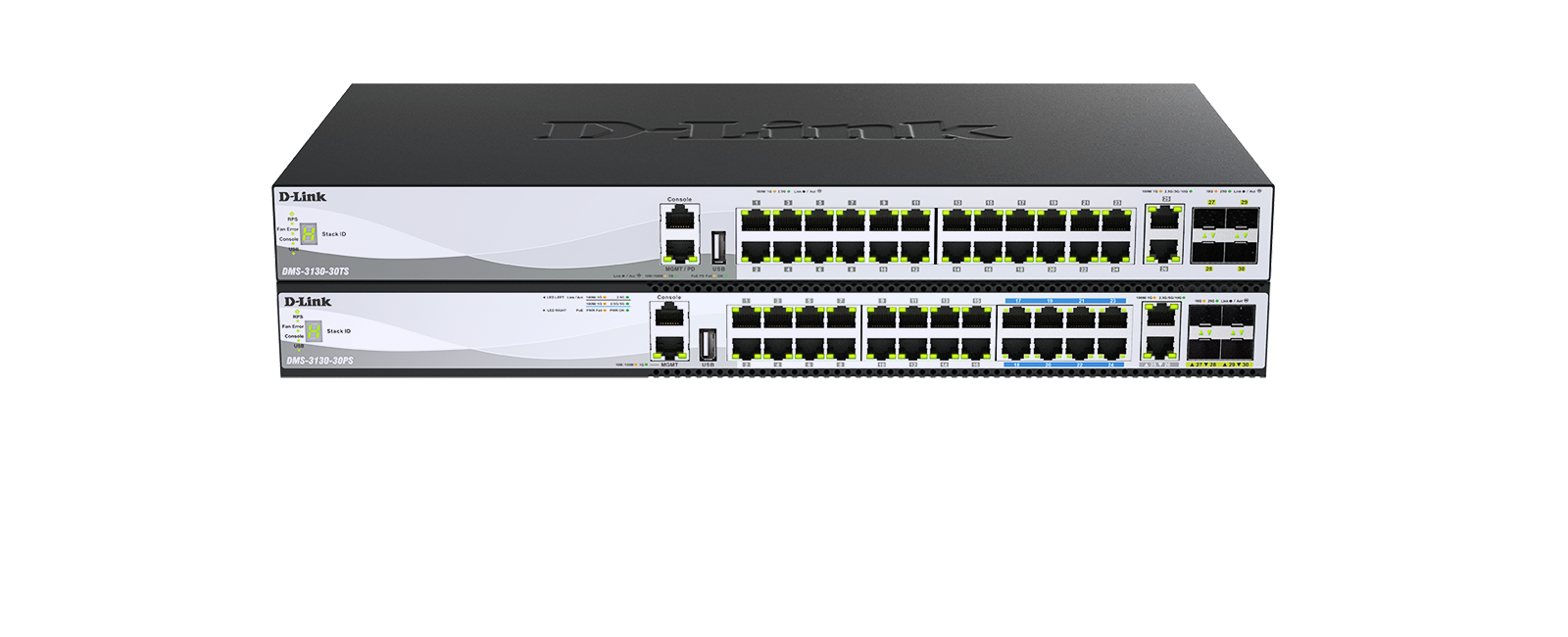 DMS-3130 Layer 3 Stackable Multi-Gigabit Managed Switches - Front view.