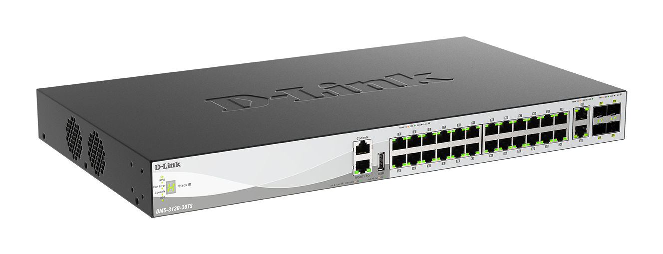 DMS-3130-30TS - 30-Port Layer 3 Stackable Multi-Gigabit Managed PoE Switch - right side view.