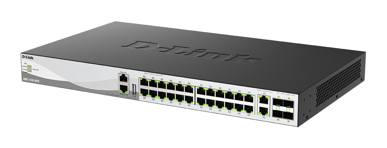 DMS-3130-30TS - 30-Port Layer 3 Stackable Multi-Gigabit Managed Switch - left side view.