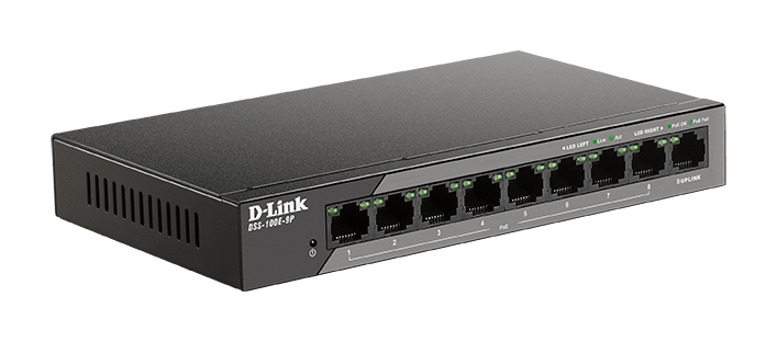 DSS-100E 9-Port Fast Ethernet PoE Unmanaged Surveillance Switch including Gigabit Uplink - left side.