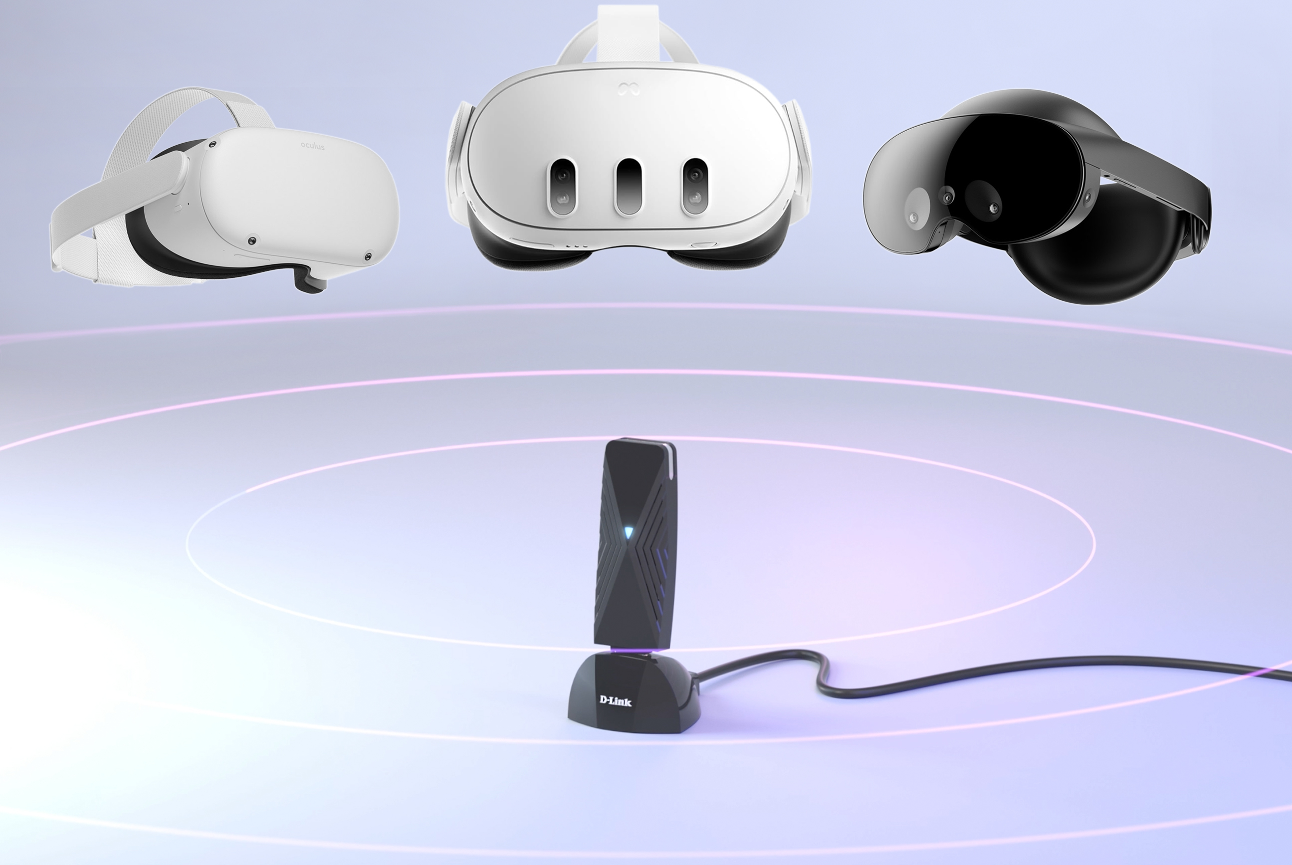 DWA-F18 VR Air Bridge with wireless waves underneath Meta Quest 2, Meta Quest 3, and Meta Quest Pro VR headsets.