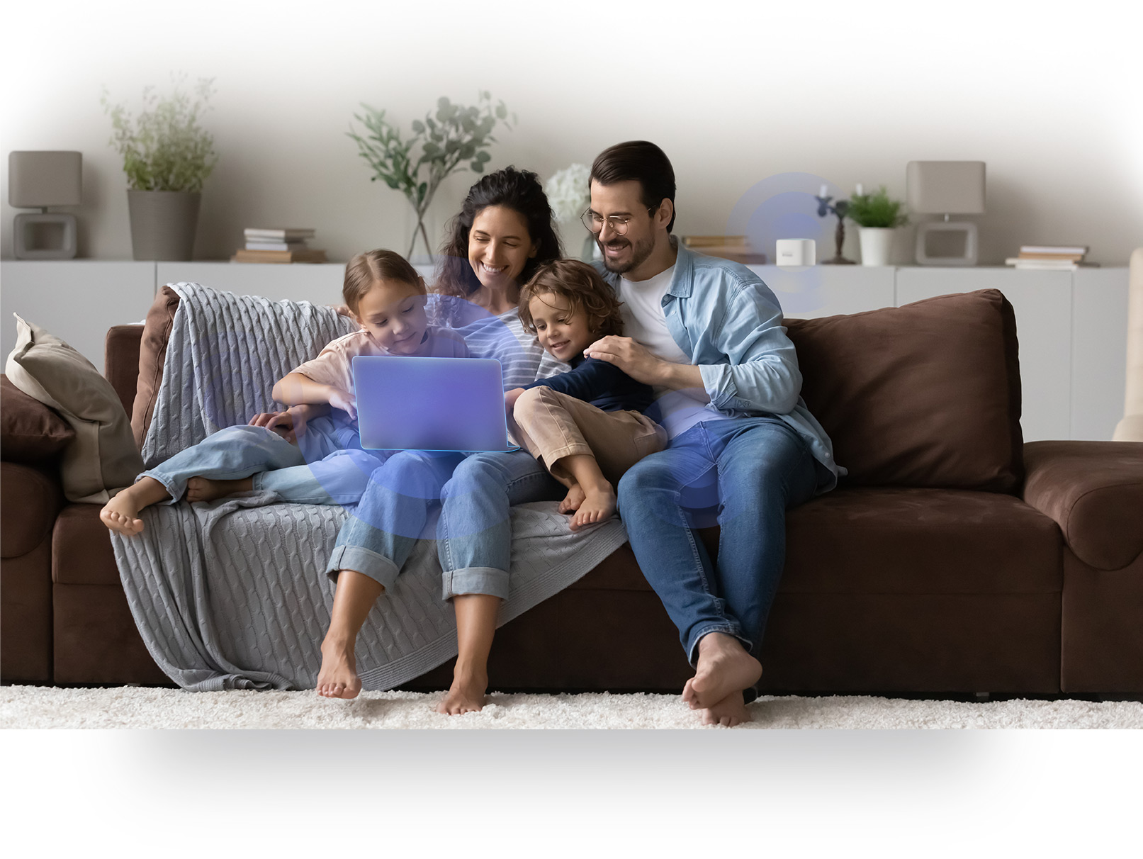 Family using devices and connected to a nearby M15 node.