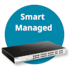 Kreis mit Text "Smart Managed" plus Produktbild eines Switches