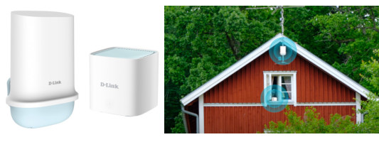 Produktbild D-Link Mesh WLAN Kit 5G Wi-Fi 6 DWP-1010KT und Einsatzbeispiel Haus