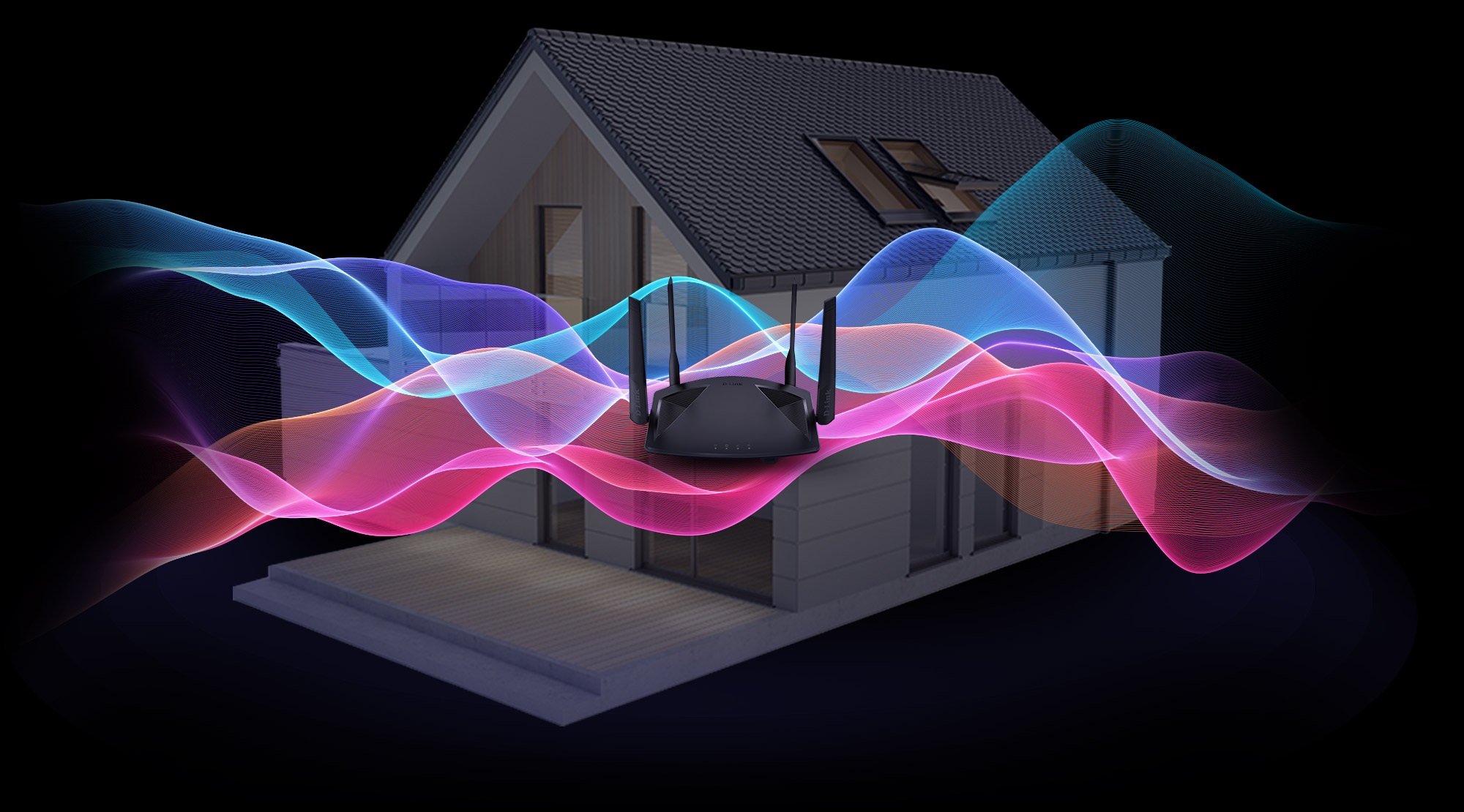 Wi-Fi 6 router with wireless waves overlaid on a smart home with a black background.