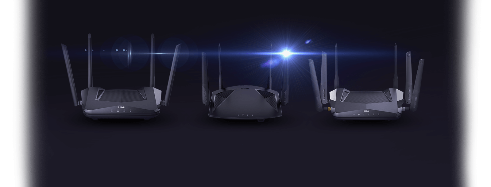 D-Link Wi-Fi 6 routers DIR-X1560, DIR-X1860, DIR-X5460, on a black background a lens flare.