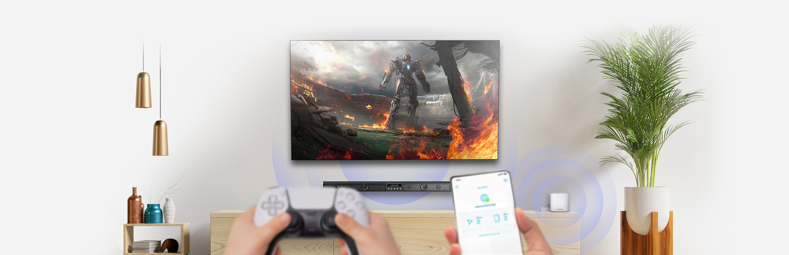 Wi-Fi app being used on a phone while a game is played on a living room TV.