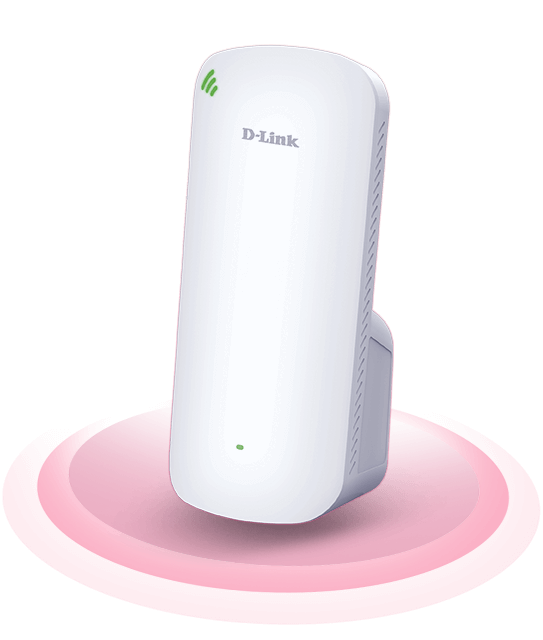 DAP-X1860 AX1800 Mesh Wi-Fi 6 Range Extender with red wireless wave lines underneath.