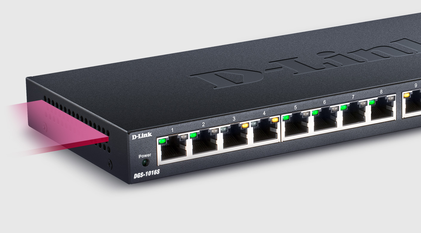 Fanless heat dissipation from the side of a DGS-1016S 16-Port Gigabit Unmanaged Switch