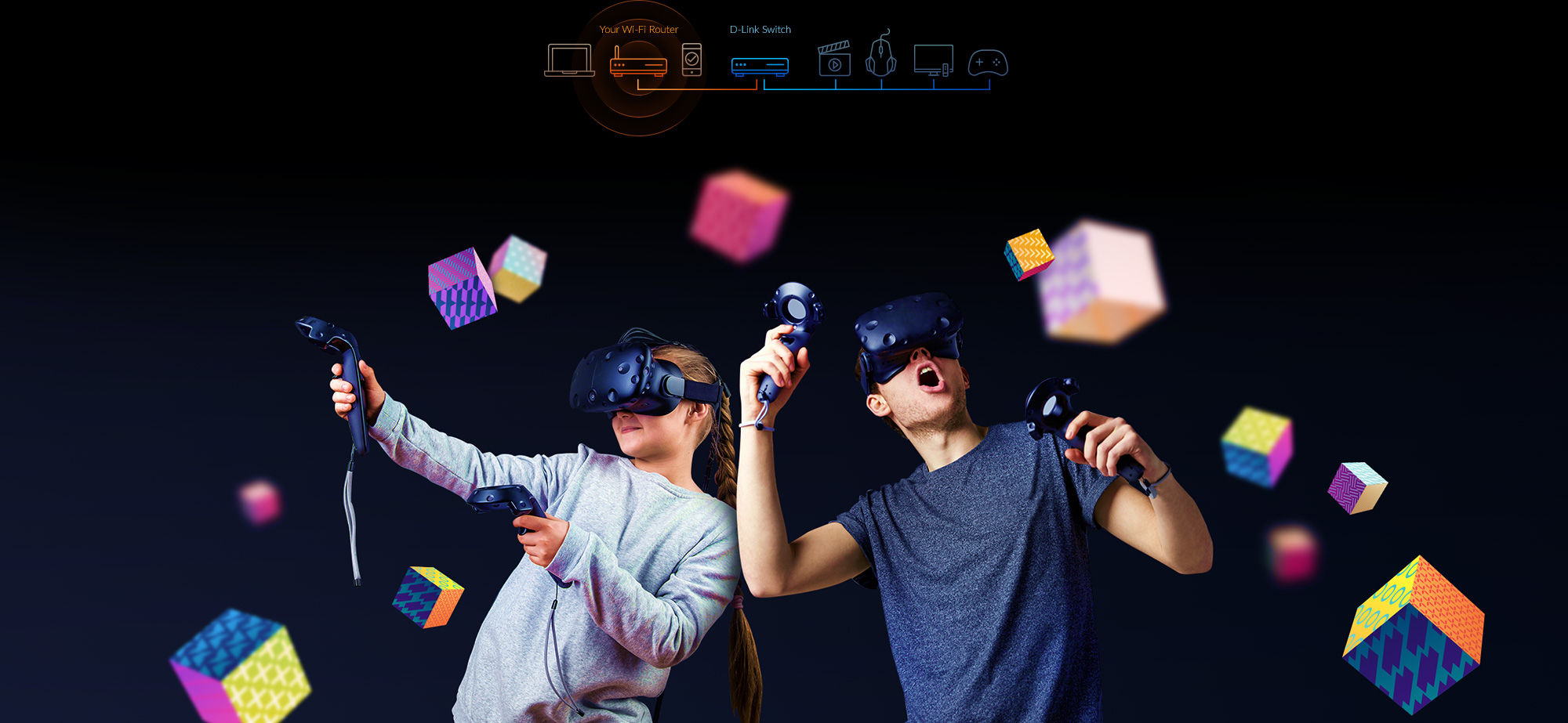 boy and girl playing VR games