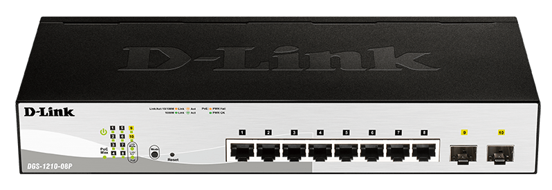 DGS-1210-08P: 8-Port Gigabit PoE Smart Managed Switch with 2 SFP ports (8 x PoE ports, fanless) front