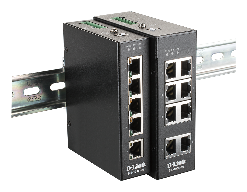 DIS-100E-5W and DIS-100E-8W unmanaged industrial switches on a din-rail