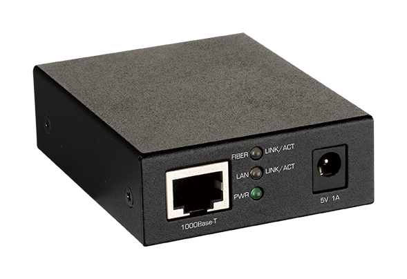 DMC-G01LC 1000BaseT to SFP Standalone Media Converter - side angled view.