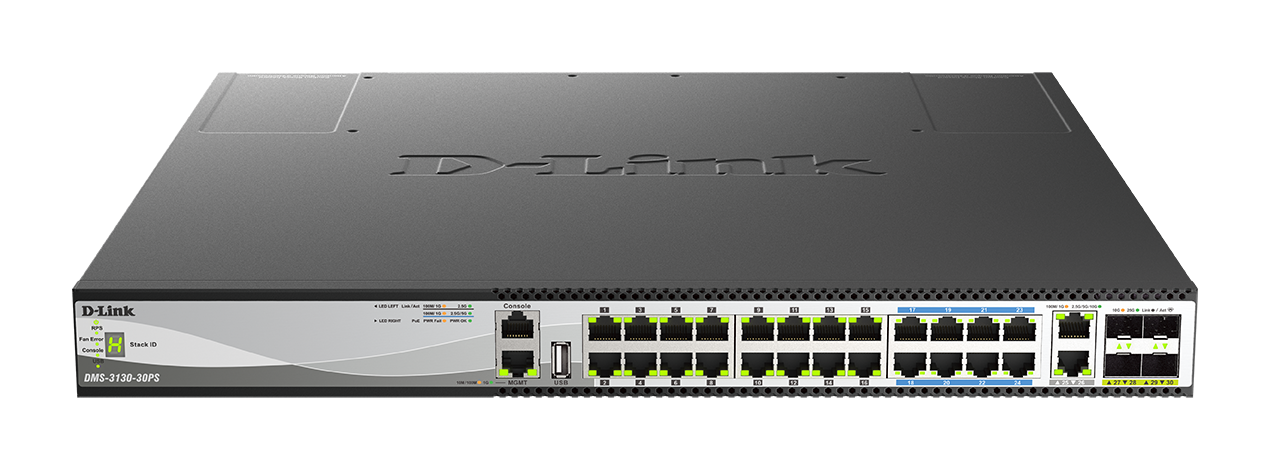 DMS-3130-30PS - 30-Port Layer 3 Stackable Multi-Gigabit Managed PoE Switch - front view.