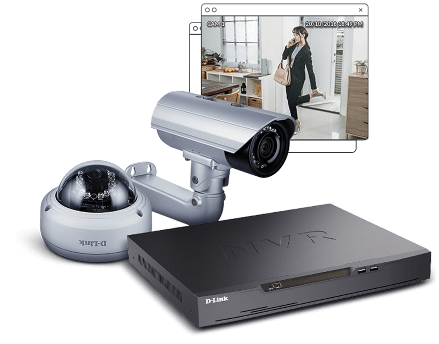 DNR-4020-16P next to a dome and bullet surveillance camera and management software interface.