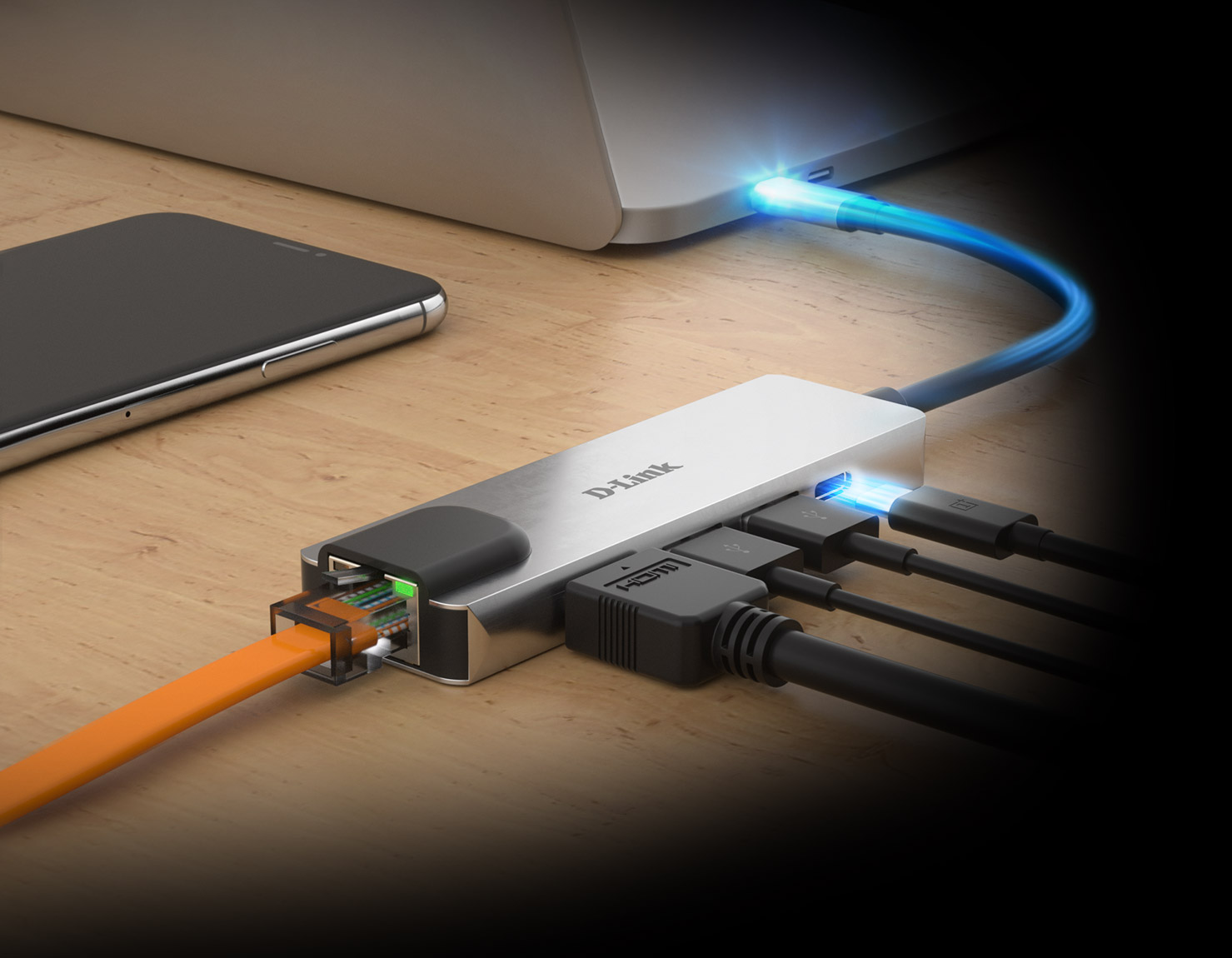 DUB-M520 5-in-1 USB-C Hub with HDMI/Ethernet and Power Delivery with Power Delivery to a laptop and example connections