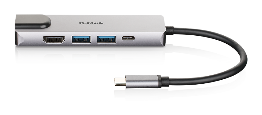DUB-M520 5-in-1 USB-C Hub with HDMI/Ethernet and Power Delivery - front angle with reflection