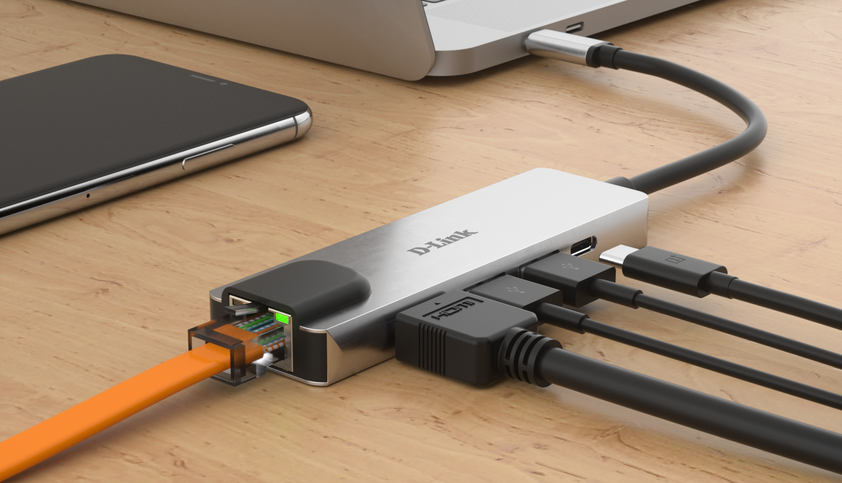 DUB-M520 5-in-1 USB-C Hub with HDMI/Ethernet and Power Delivery - showing example connections connected to a laptop on a desk