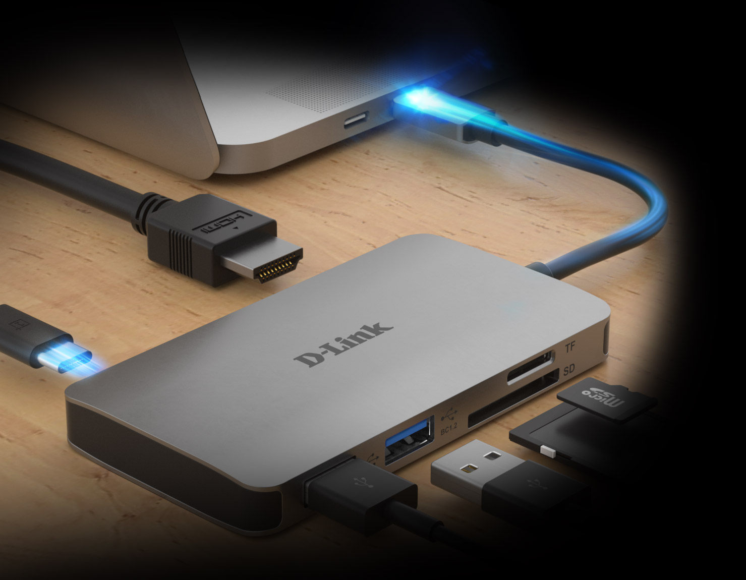 DUB-M610 6-in-1 USB-C Hub with HDMI/Card Reader/Power Delivery connected to a laptop showing example connections