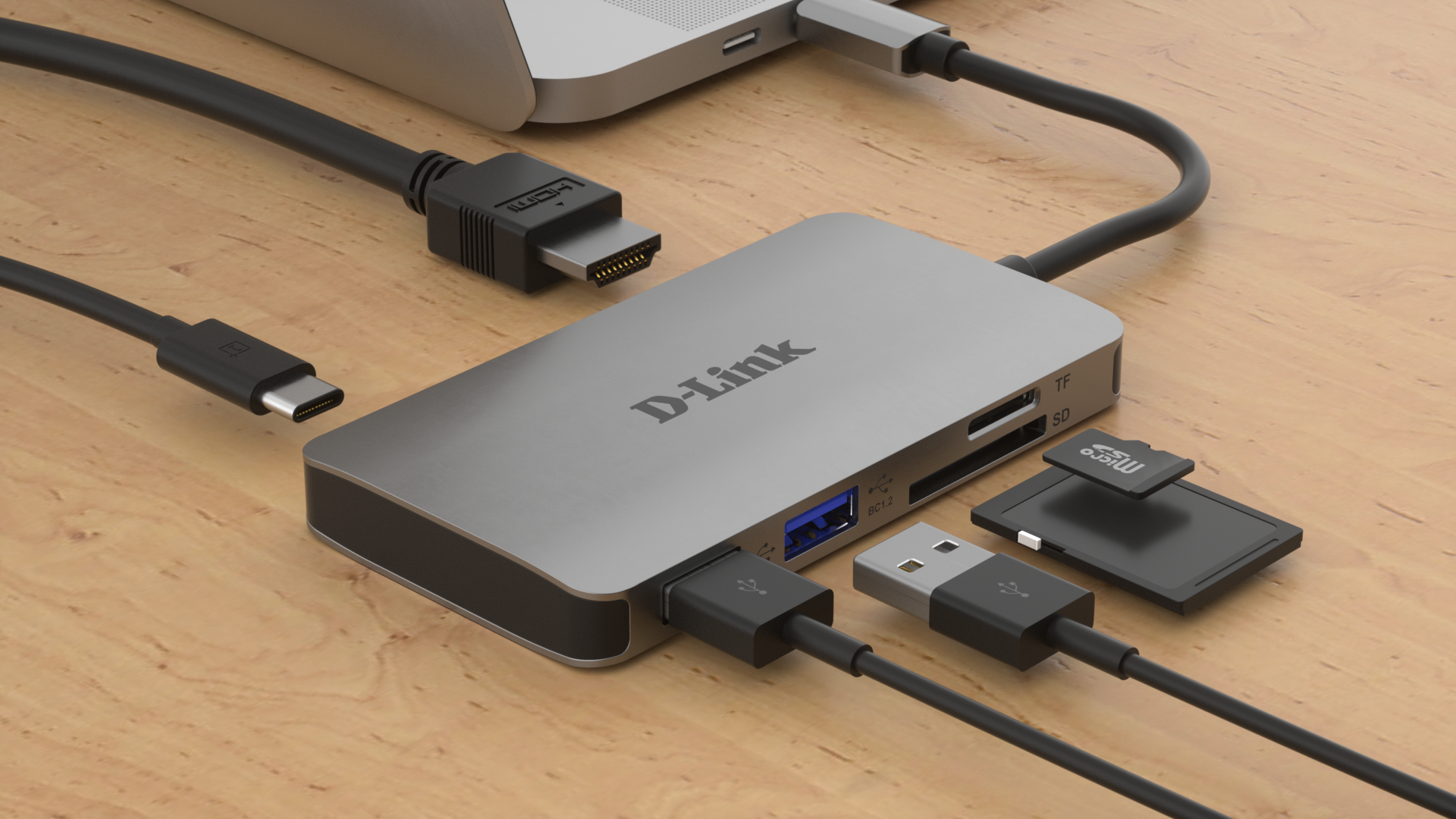 DUB-M610 6-in-1 USB-C Hub with HDMI/Card Reader/Power Delivery - on a desk with example connections