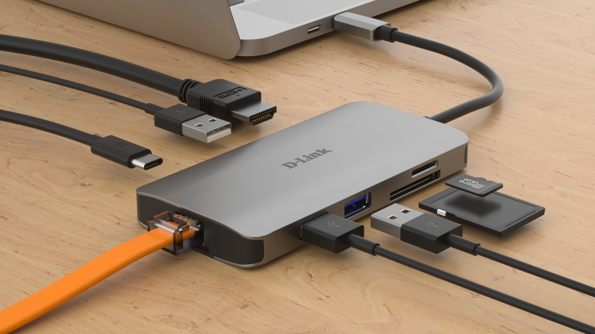 DUB-M810 8-in-1 USB-C Hub with HDMI/Ethernet/Card Reader/Power Delivery - on a desk connected to a laptop with example connections