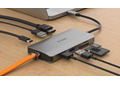DUB-M810 8-in-1 USB-C Hub with HDMI/Ethernet/Card Reader/Power Delivery - on a desk connected to a laptop with example connections