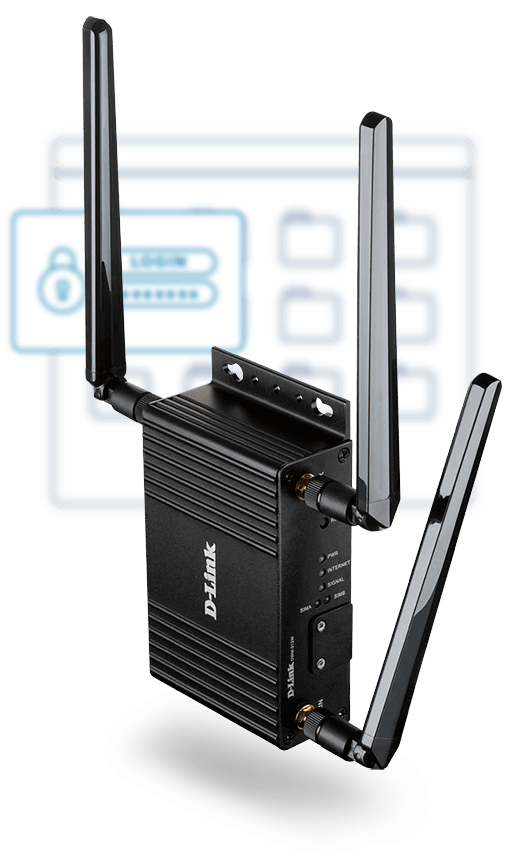 DWM-312W 4G LTE M2M Wi-Fi Router with a background showing VPN security.