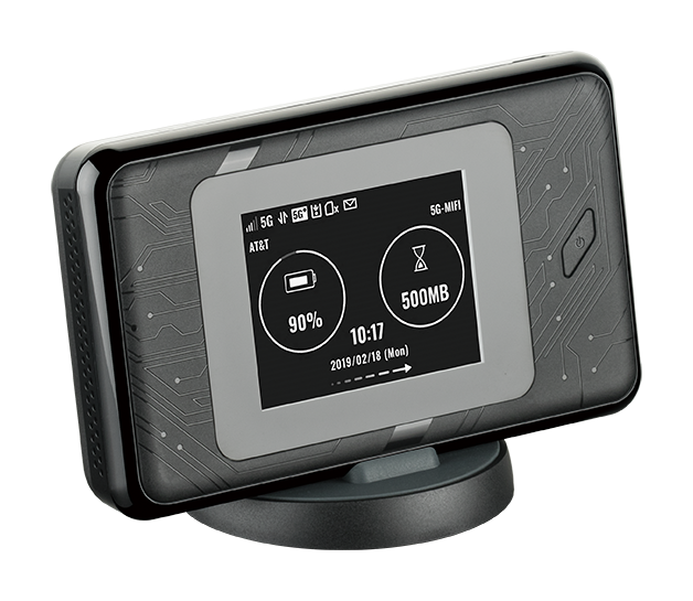 DWR-2101 5G Wi-Fi 6 Mobile Hotspot - angled side view with screen displaying network information.