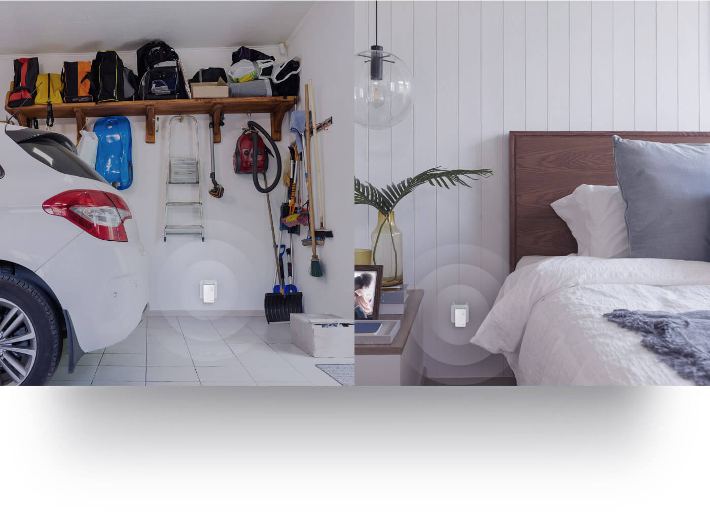 E15 AX1500 Mesh Range Extenders plugged into outlets in a bedroom and a garage.