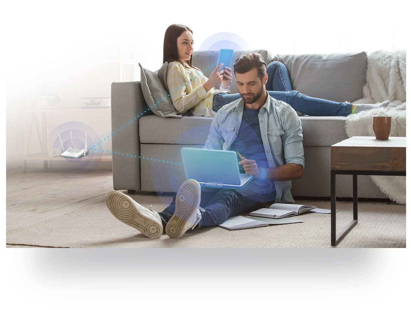 R15 EAGLE PRO AI AX1500 Smart Router connected to a man's laptop on his lap and a woman's phone being used on a sofa.