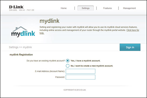 log in to mydlink account