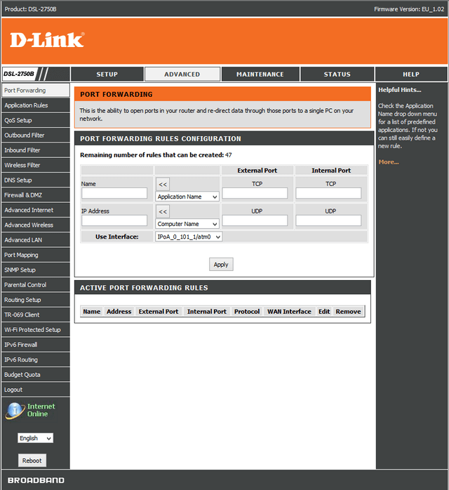 DSL2750B Port forwarding for Windows 7 DLink France