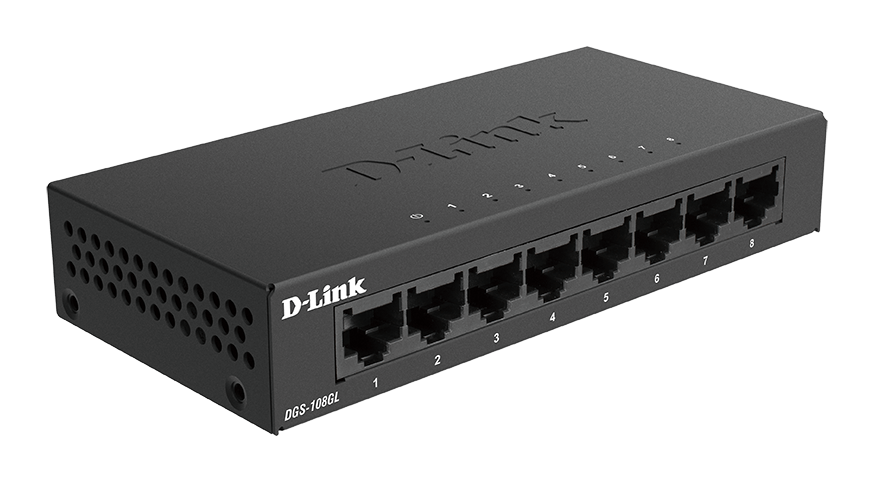 D-Link Ethernet Switch, 8 Port Gigabit Unmanaged Metal Fanless Desktop or  Wall Mount Design (DGS-108), Black